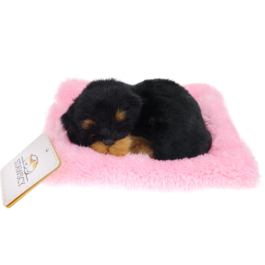 Realistyczny Piesek Śpiący Figurka Na Poduszce w Posłanku Maskotka Stawscy Rottweiler 3.jpg