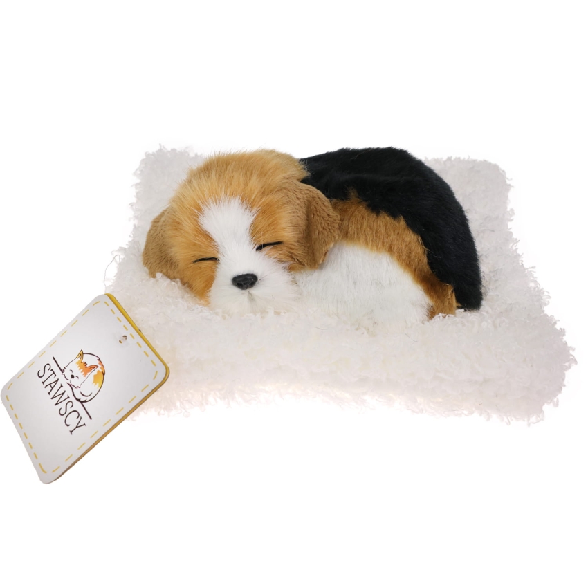 Realistyczny Piesek Śpiący Figurka Na Poduszce w Posłanku Maskotka Stawscy Beagle.jpg
