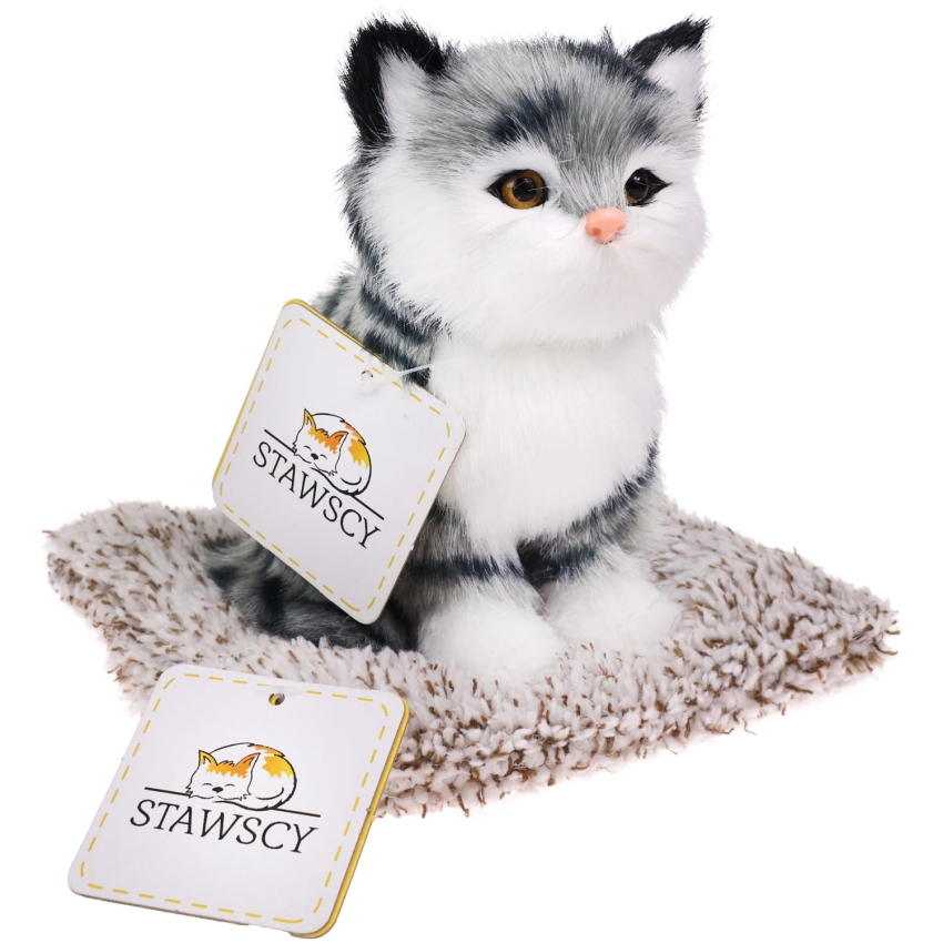 Realistyczny Kotek Figurka Na Poduszce w Posłanku Maskotka Stawscy Szary 2.jpg
