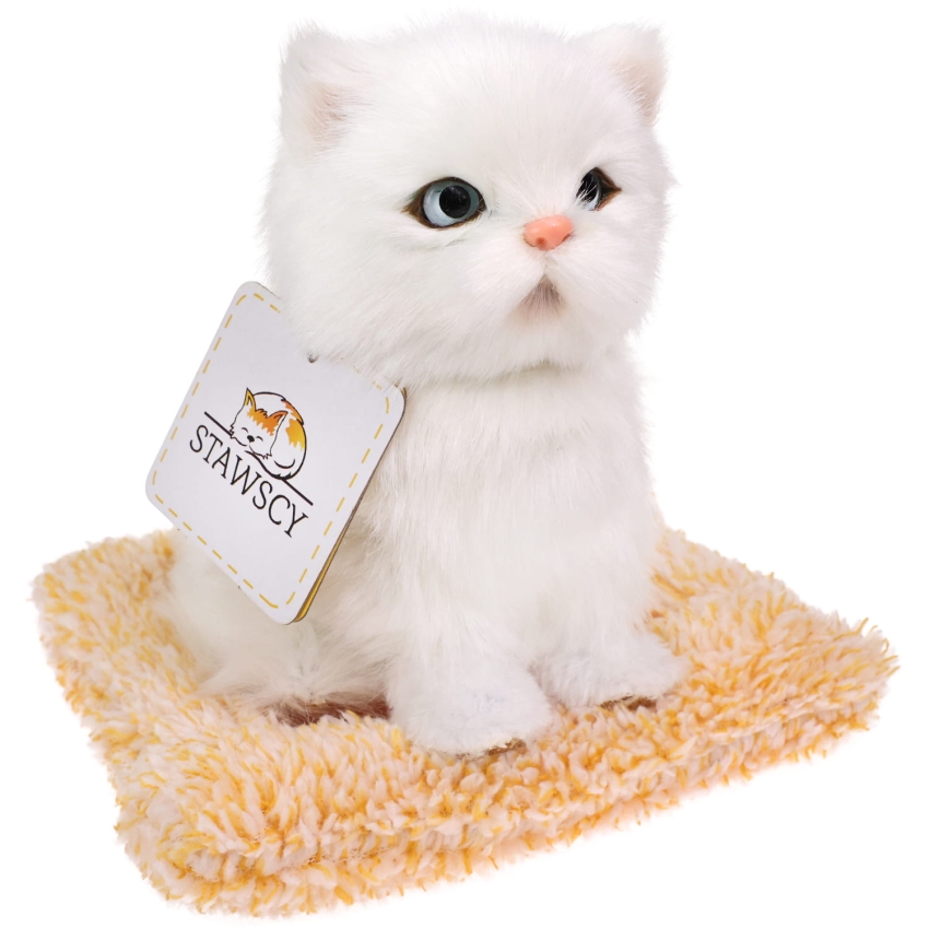 Realistyczny Kotek Figurka Na Poduszce w Posłanku Maskotka Stawscy Biały 2.jpg