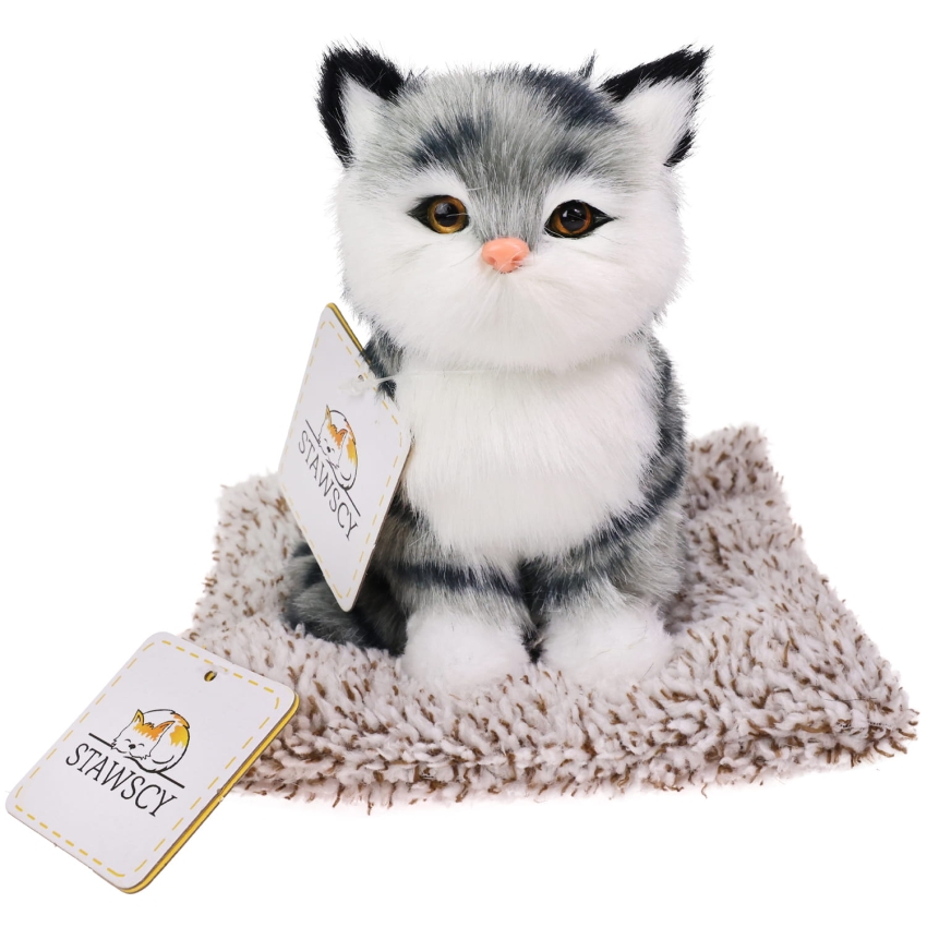 Realistyczny Kotek Figurka Na Poduszce w Posłanku Maskotka Stawscy Szary.jpg