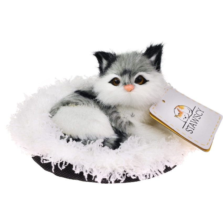 Realistyczny Kotek Figurka Na Poduszce w Posłanku Maskotka Stawscy Szary 3.jpg