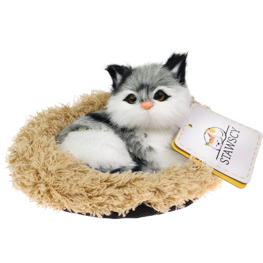 Realistyczny Kotek Figurka Na Poduszce w Posłanku Maskotka Stawscy Szary 2.jpg