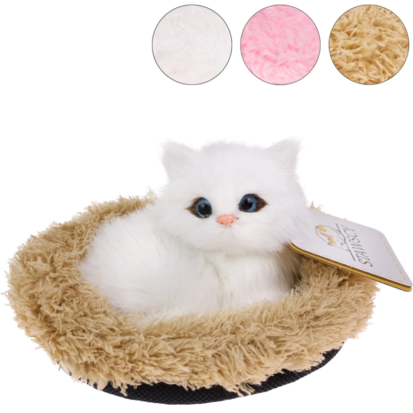 Realistyczny Kotek Figurka Na Poduszce w Posłanku Maskotka Stawscy Biały 0.jpg