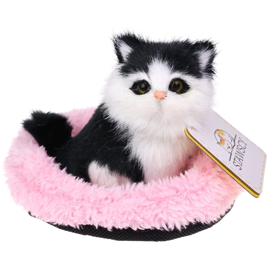 Realistyczny Kotek Figurka Na Poduszce w Posłanku Maskotka Stawscy Czarno-Biały.jpg