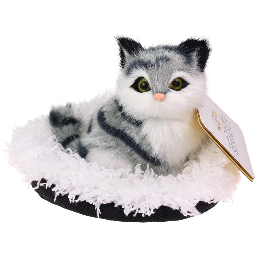 Realistyczny Kotek Figurka Na Poduszce w Posłanku Maskotka Stawscy Szary.jpg