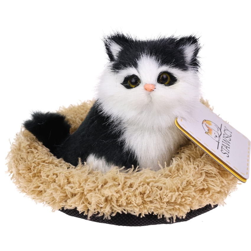 Realistyczny Kotek Figurka Na Poduszce w Posłanku Maskotka Stawscy Czarno-Biały 3.jpg