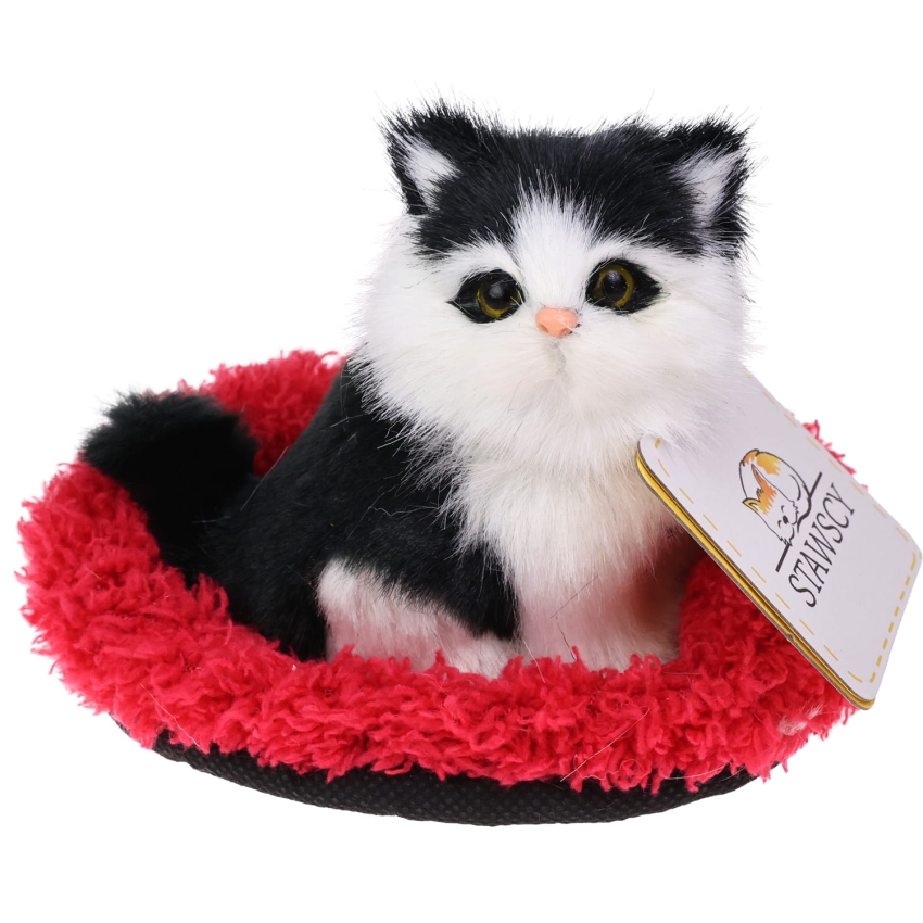 Realistyczny Kotek Figurka Na Poduszce w Posłanku Maskotka Stawscy Czarno-Biały 5.jpg