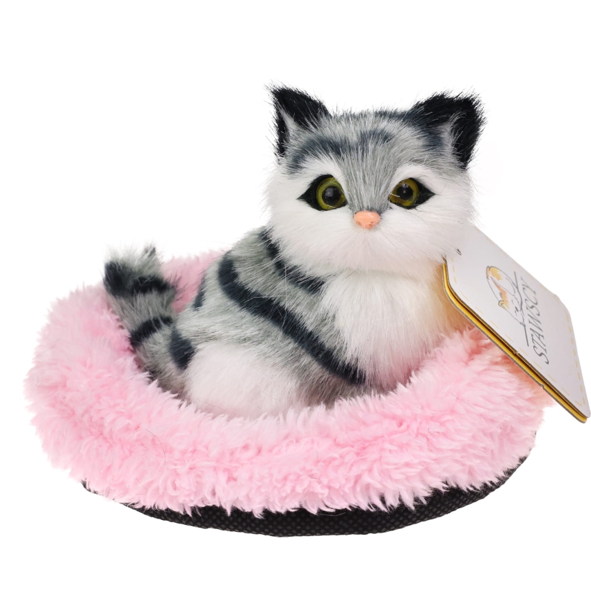 Realistyczny Kotek Figurka Na Poduszce w Posłanku Maskotka Stawscy Szary 2.jpg