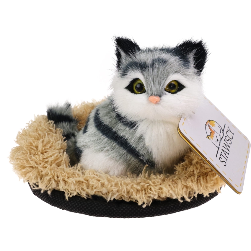 Realistyczny Kotek Figurka Na Poduszce w Posłanku Maskotka Stawscy Szary 3.jpg