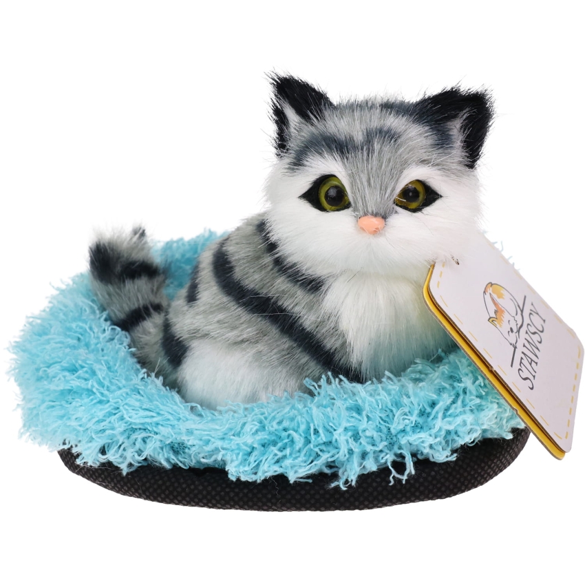 Realistyczny Kotek Figurka Na Poduszce w Posłanku Maskotka Stawscy Szary 5.jpg