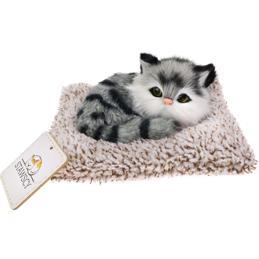 Realistyczny Kotek Figurka Na Poduszce w Posłanku Maskotka Stawscy Szary.jpg