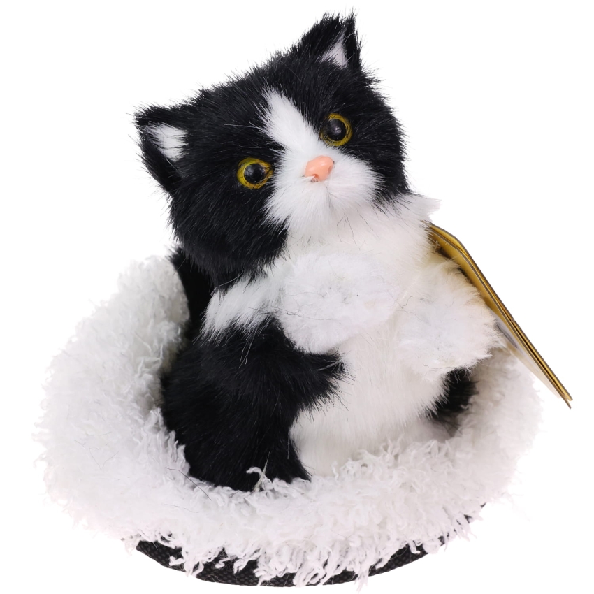Realistyczny Kotek Figurka Na Poduszce w Posłanku Maskotka Stawscy Czarno-Biały 4.jpg