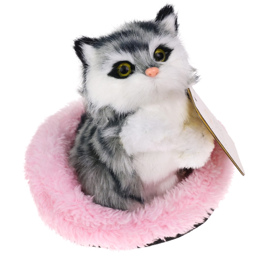 Realistyczny Kotek Figurka Na Poduszce w Posłanku Maskotka Stawscy Szary 3.jpg