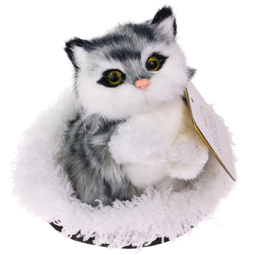 Realistyczny Kotek Figurka Na Poduszce w Posłanku Maskotka Stawscy Szary 6.jpg