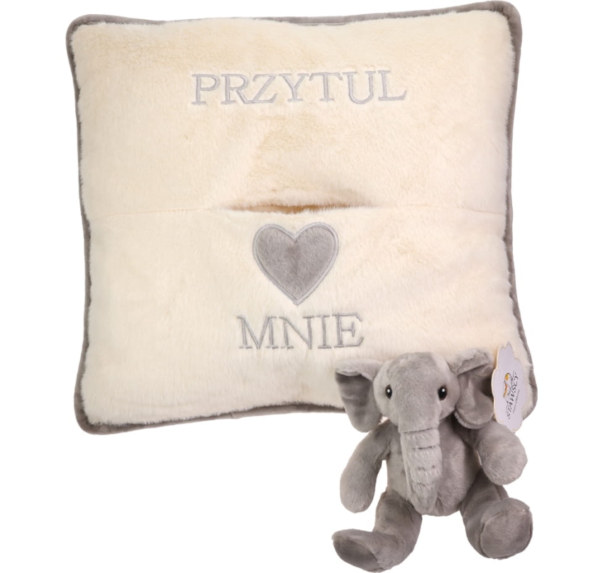 SŁONIK SŁOŃ Maskotka Przytulanka Poduszka z Maskotką Zestaw na Prezent narodziny urodziny.jpg