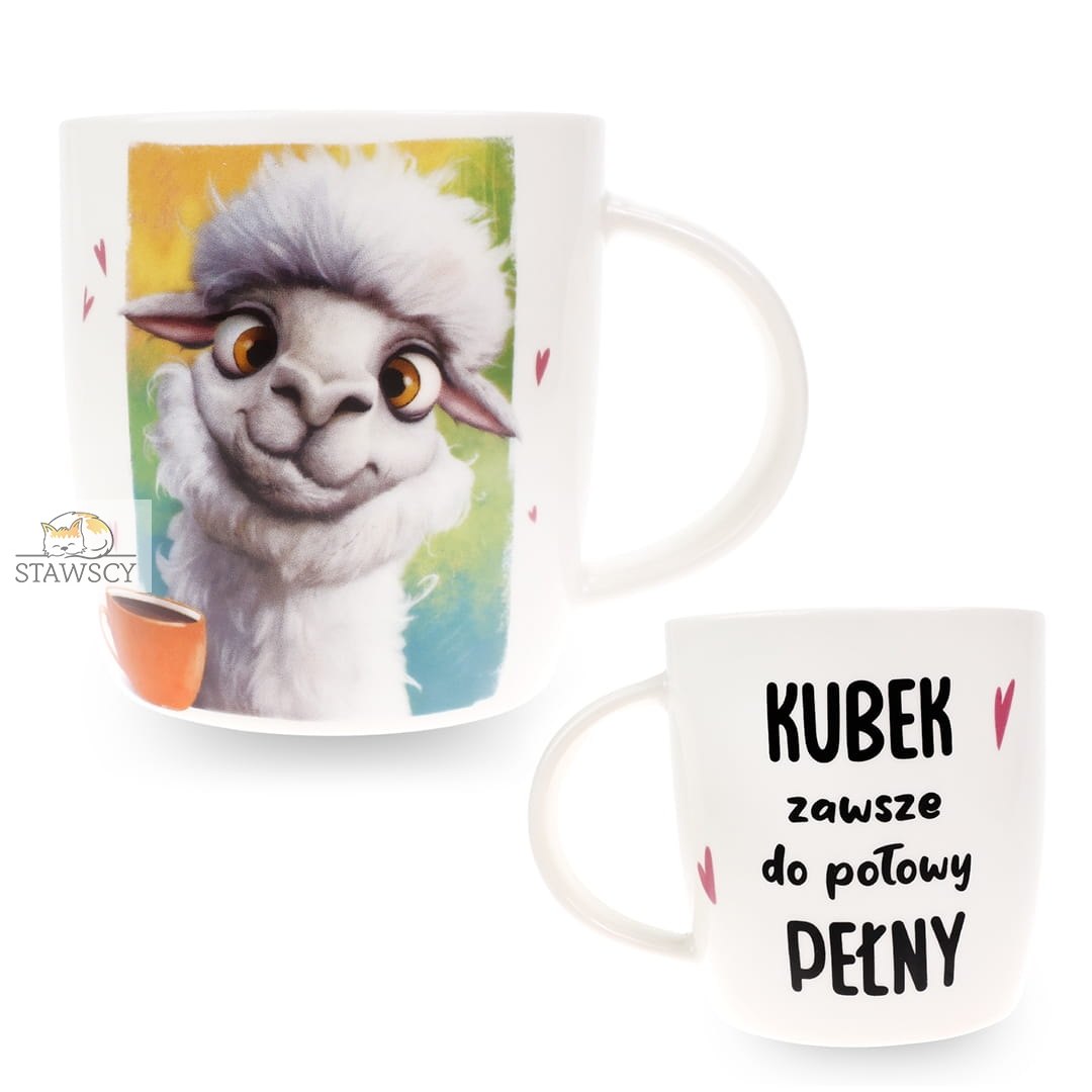 Porcelanowy Kubek Stawscy z Napisem do Kawy Herbaty Zapakowany na Prezent w Dekoracyjne Pudełko ALPAKA LAMA - Kubek zawsze do połowy pełny 3.jpg