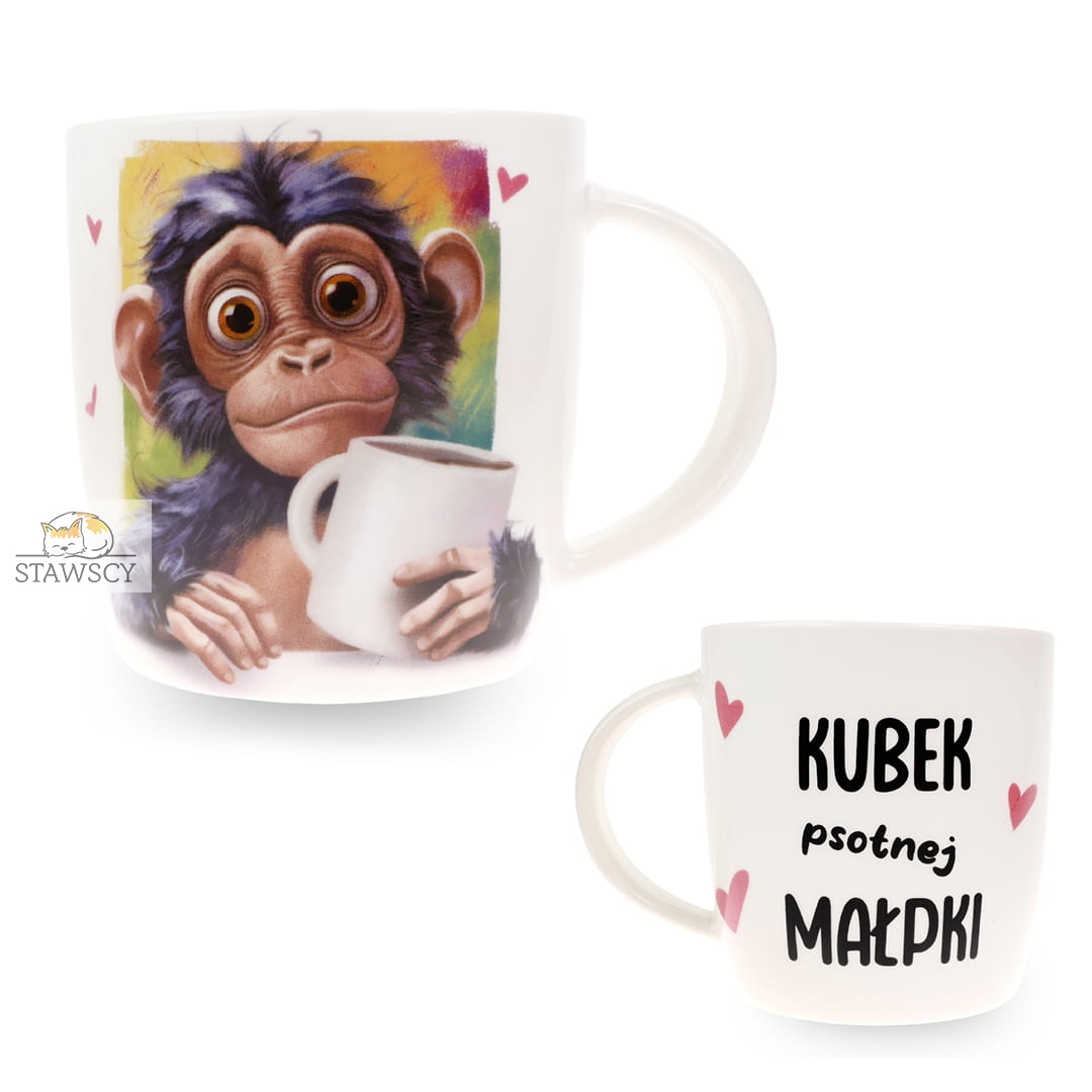 Porcelanowy Kubek Stawscy z Napisem do Kawy Herbaty Zapakowany na Prezent w Dekoracyjne Pudełko MAŁPKA - Kubek psotnej małpki 3.jpg