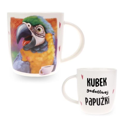 Porcelanowy Kubek Stawscy z Napisem do Kawy Herbaty Zapakowany na Prezent w Dekoracyjne Pudełko PAPUGA ARA - Kubek gadatliwej papużki 3.jpg