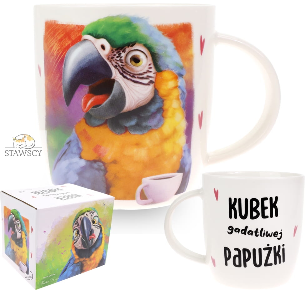 Porcelanowy Kubek Stawscy z Napisem do Kawy Herbaty Zapakowany na Prezent w Dekoracyjne Pudełko PAPUGA ARA - Kubek gadatliwej papużki 6.jpg