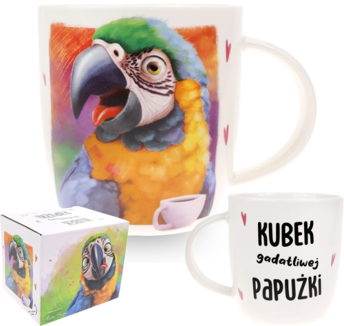 Porcelanowy Kubek Stawscy z Napisem do Kawy Herbaty Zapakowany na Prezent w Dekoracyjne Pudełko PAPUGA ARA - Kubek gadatliwej papużki 6.jpg