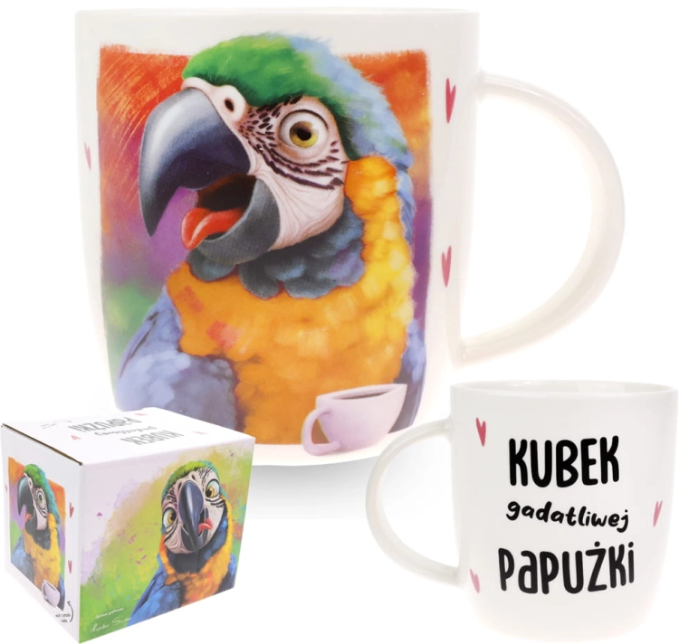 Porcelanowy Kubek Stawscy z Napisem do Kawy Herbaty Zapakowany na Prezent w Dekoracyjne Pudełko PAPUGA ARA - Kubek gadatliwej papużki 6.jpg