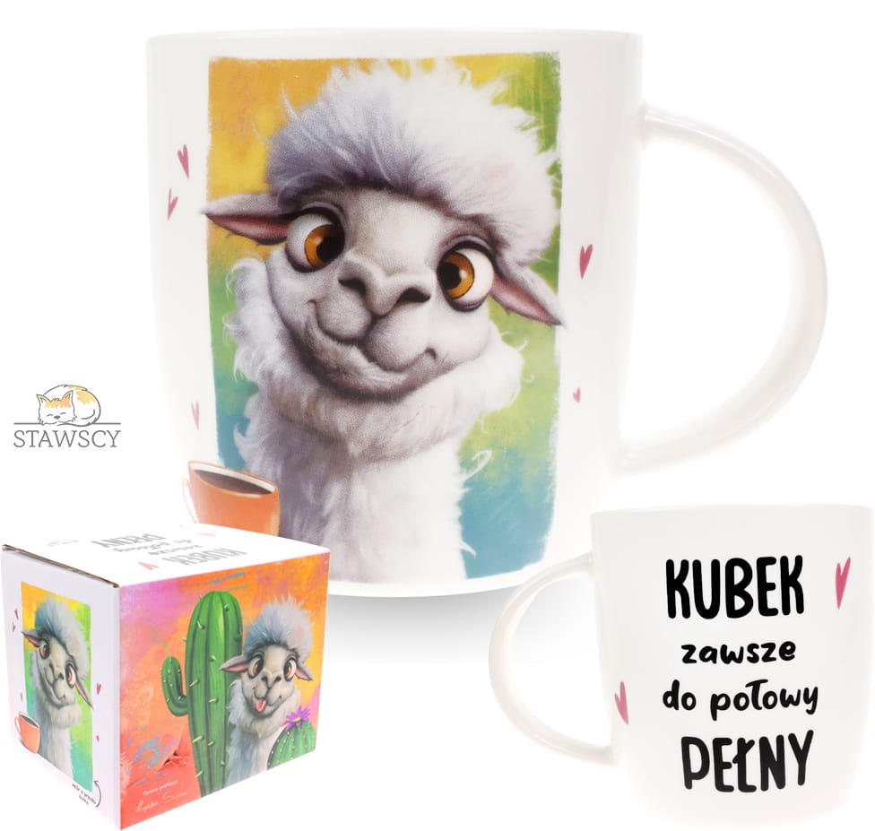 Porcelanowy Kubek Stawscy z Napisem do Kawy Herbaty Zapakowany na Prezent w Dekoracyjne Pudełko ALPAKA LAMA - Kubek zawsze do połowy pełny 6.jpg